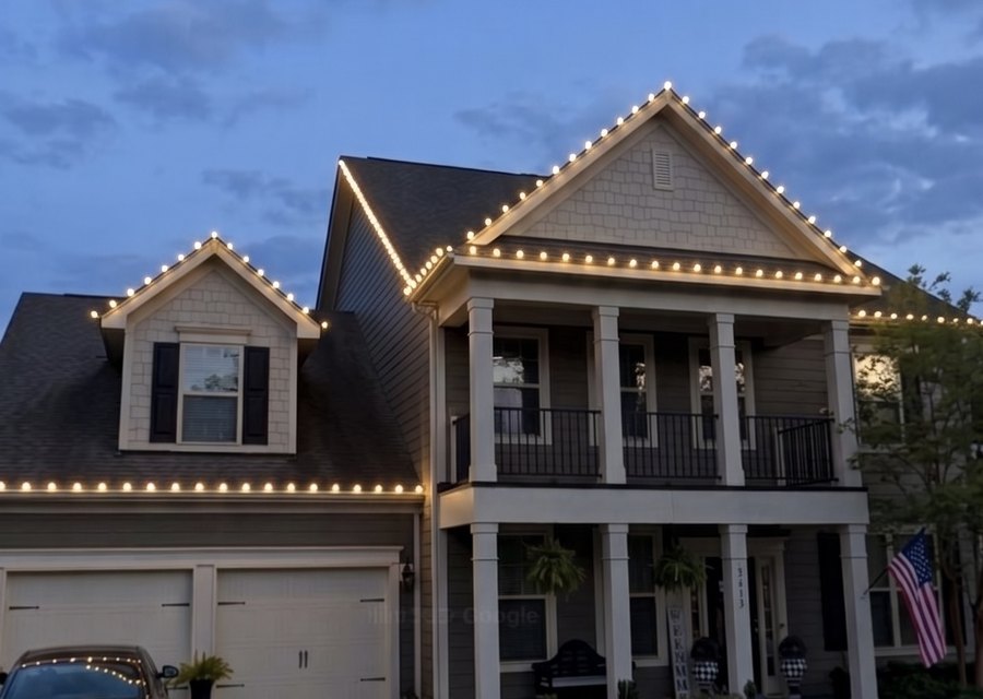 Warm white Christmas lights along a roofline at dusk